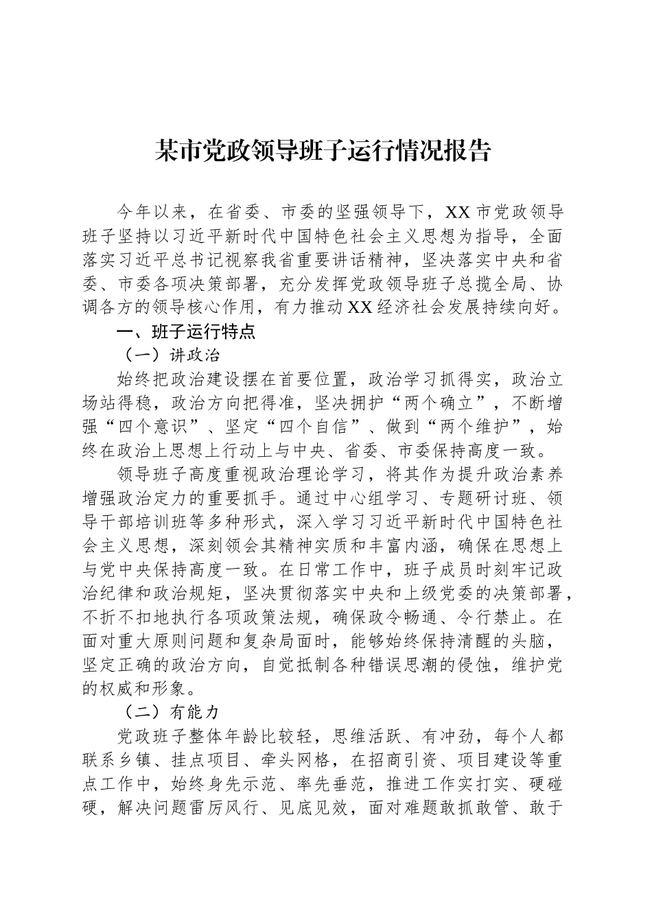 某市党政领导班子运行情况报告_第1页