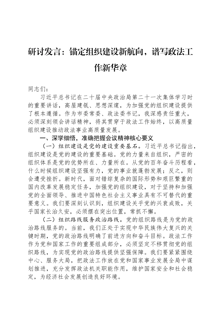 研讨发言：锚定组织建设新航向，谱写政法工作新华章_第1页