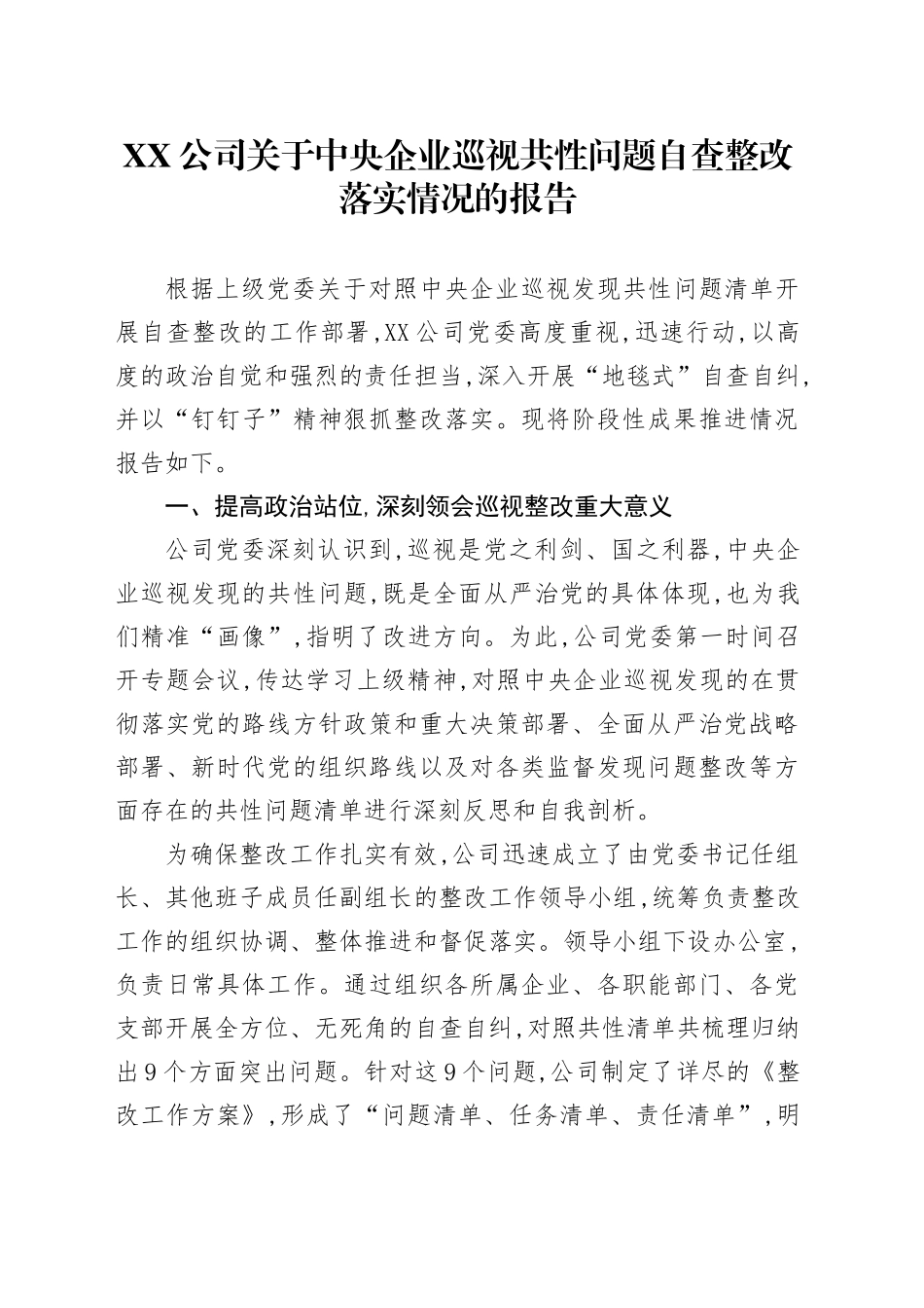XX公司关于中央企业巡视共性问题自查整改落实情况的报告_第1页