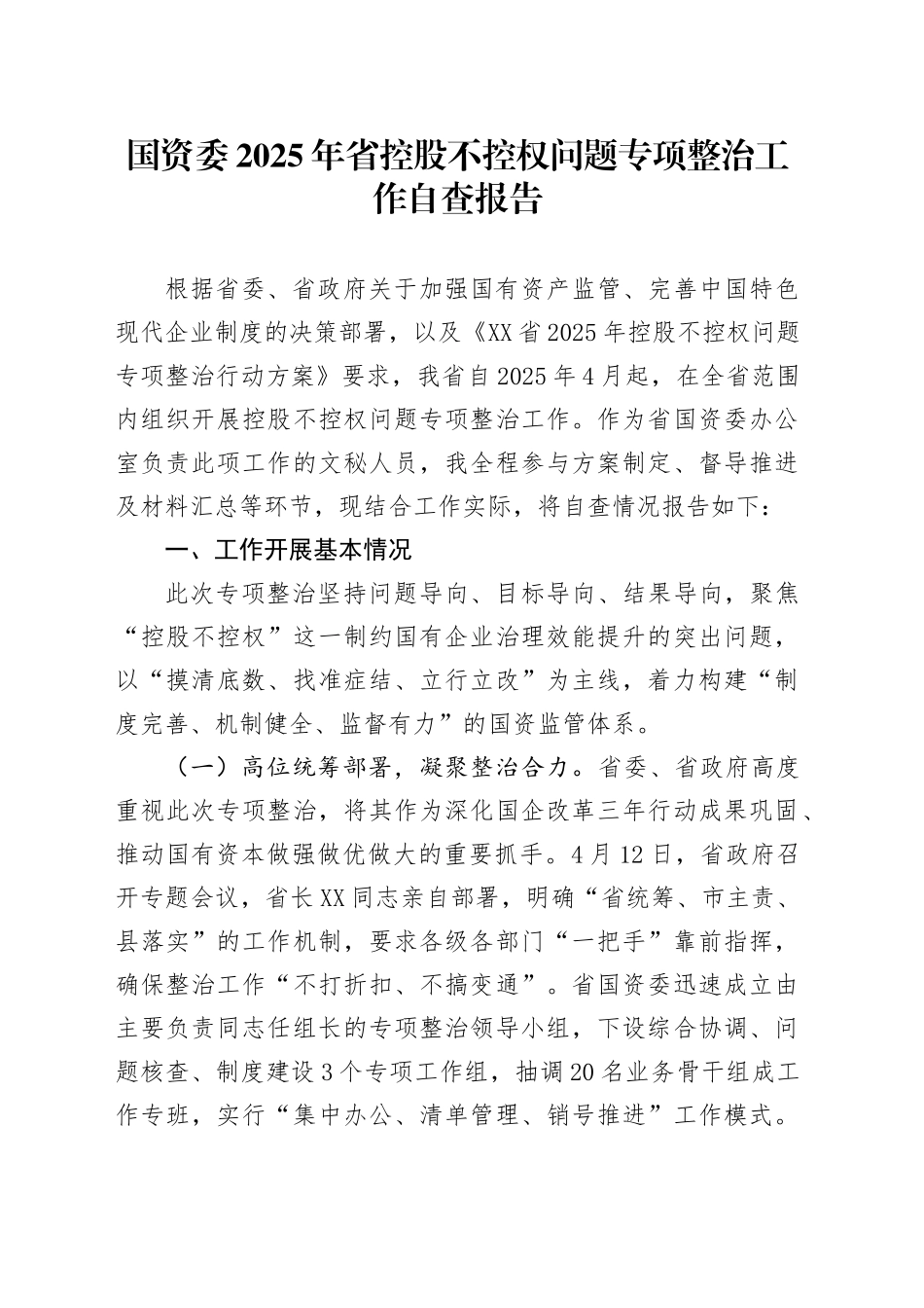 国资委2025年省控股不控权问题专项整治工作自查报告_第1页