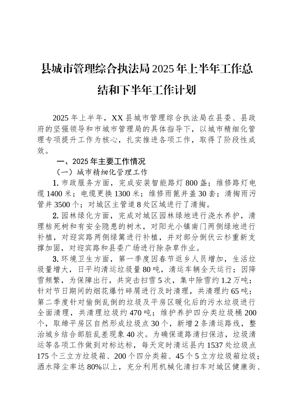 县城市管理综合执法局2025年上半年工作总结和下半年工作计划_第1页