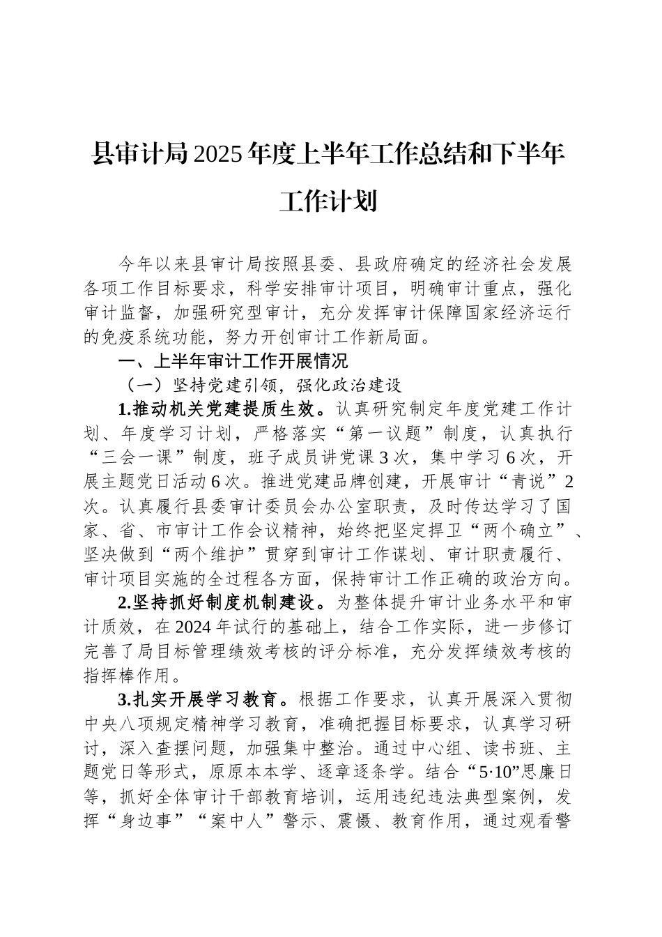 县审计局2025年度上半年工作总结和下半年工作计划_第1页