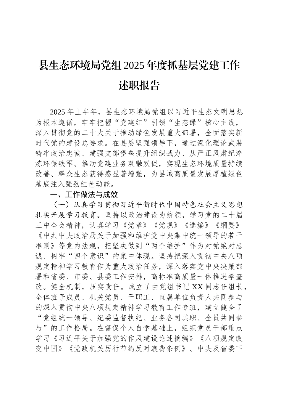 县生态环境局党组2025年度抓基层党建工作述职报告_第1页