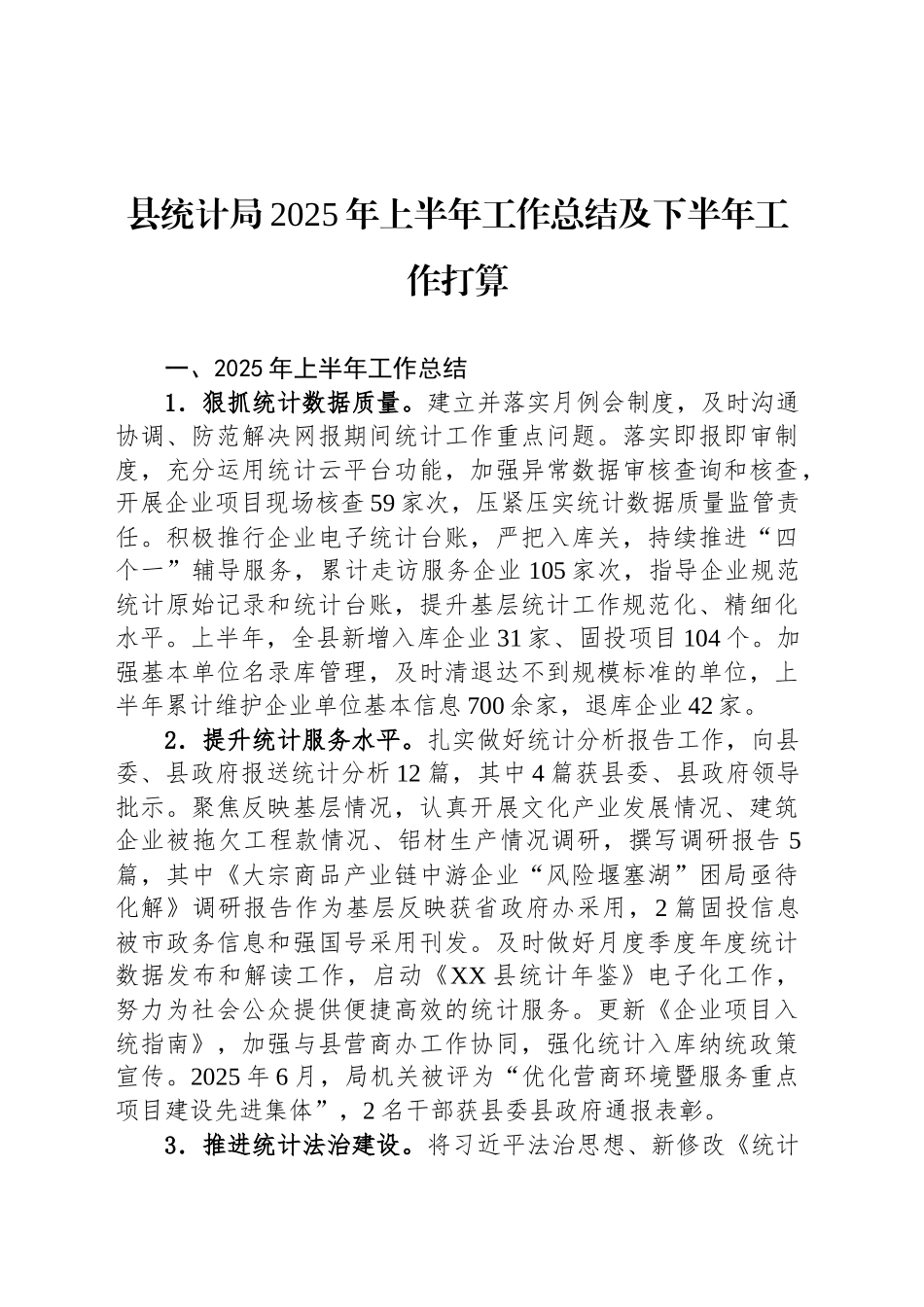 县统计局2025年上半年工作总结及下半年工作打算_第1页