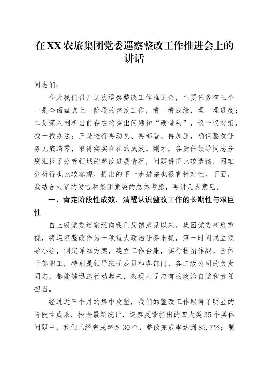 在XX农旅集团党委巡察整改工作推进会上的讲话_第1页